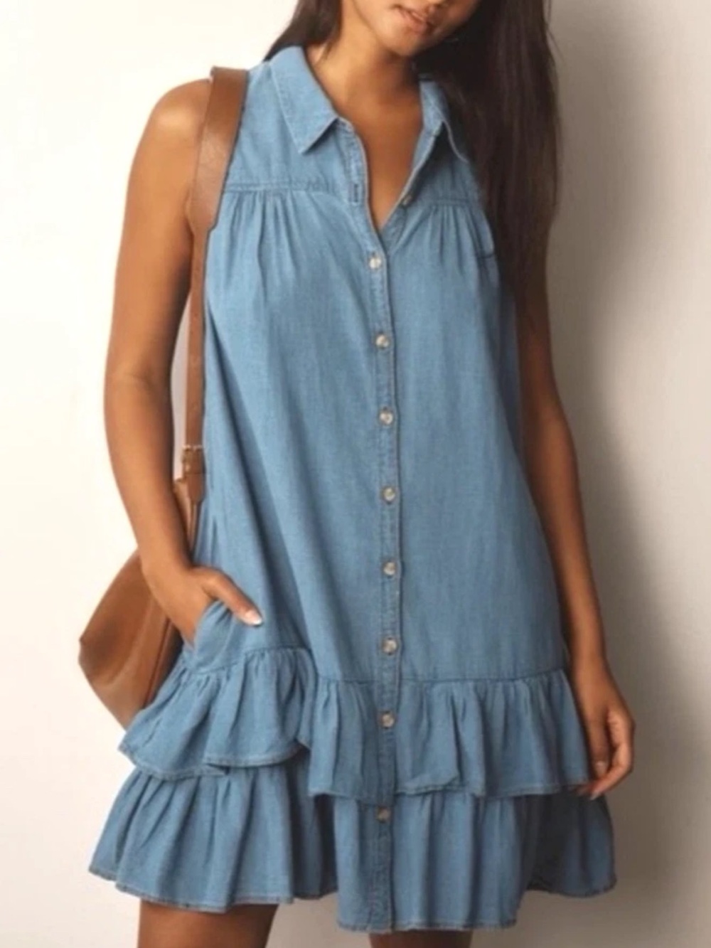 Anthropologie Denim Mini Dress Shirt Dress Ruffle Hem Collared Sleeveless Sz XSP